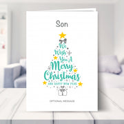 Son christmas card shown in a living room
