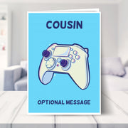 Cousin birthday card shown in a living room