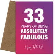 Funny 33rd Birthday Cards for Women - 33 Years Absolutely Fabulous