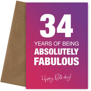 Funny 34th Birthday Cards for Women - 34 Years Absolutely Fabulous