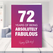 72nd birthday card shown in a living room